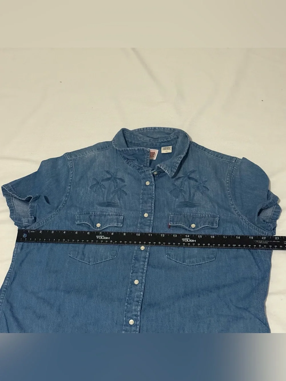 Levi Strauss & Co Denim Blue Jean Short Sleeve Snap Button Top Palm Trees Sz‎ LG